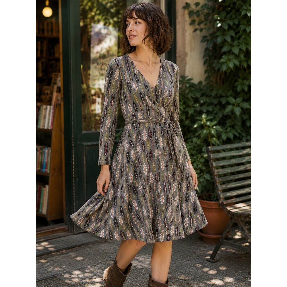 Effie's Heart Faux Wrap Dress Botanical Leaf Print Cotton Stretch Belted XL